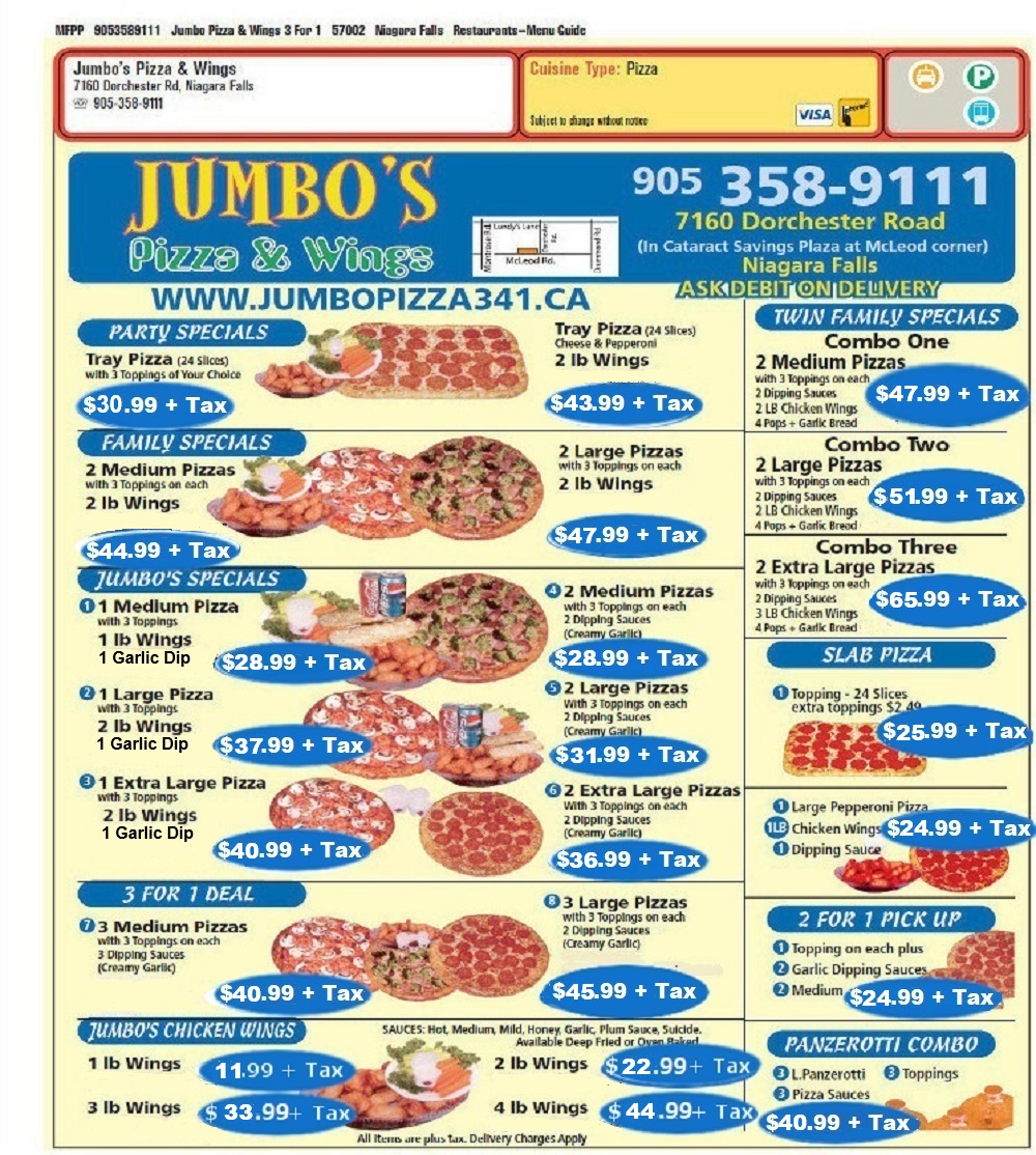 JUMBO'S PIZZA AND WINGS 3 FOR 1 MENU
           - 7160 Dorchester Rd Niagara Fall